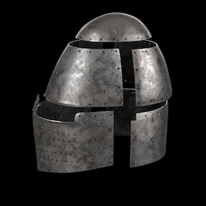以下が含まれることがあります： 分解された金属製のヘルメットで、風化した質感があります。ヘルメットは、曲がったリベットで留められた複数のプレートとドーム型のトップで構成されており、すべてグレーの色合いです。デザインは歴史的または中世の鎧を示唆しています。