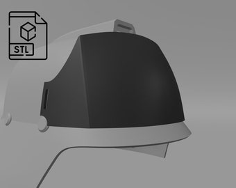 May include: A white helmet with a black visor and a grey strap. The helmet has a small handle on the top.