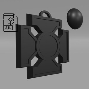 May include: A 3D-rendered black pendant with a cross design and a circular centre. The pendant has a loop at the top for hanging. An STL file icon is in the upper left corner, and a black sphere is to the right.
