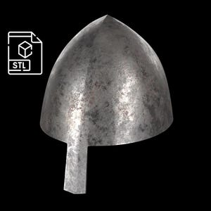 May include: A weathered, metallic helmet with a pointed top and a rectangular visor. The helmet has a distressed, textured surface, suggesting age or use. An STL file icon is in the upper left corner, indicating a 3D model.
