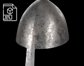 May include: A weathered, metallic helmet with a pointed top and a rectangular visor. The helmet has a distressed, textured surface, suggesting age or use. An STL file icon is in the upper left corner, indicating a 3D model.