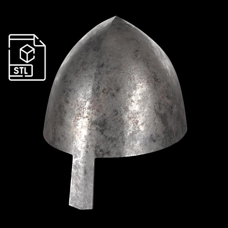 May include: A weathered, metallic helmet with a pointed top and a rectangular visor. The helmet has a distressed, textured surface, suggesting age or use. An STL file icon is in the upper left corner, indicating a 3D model.
