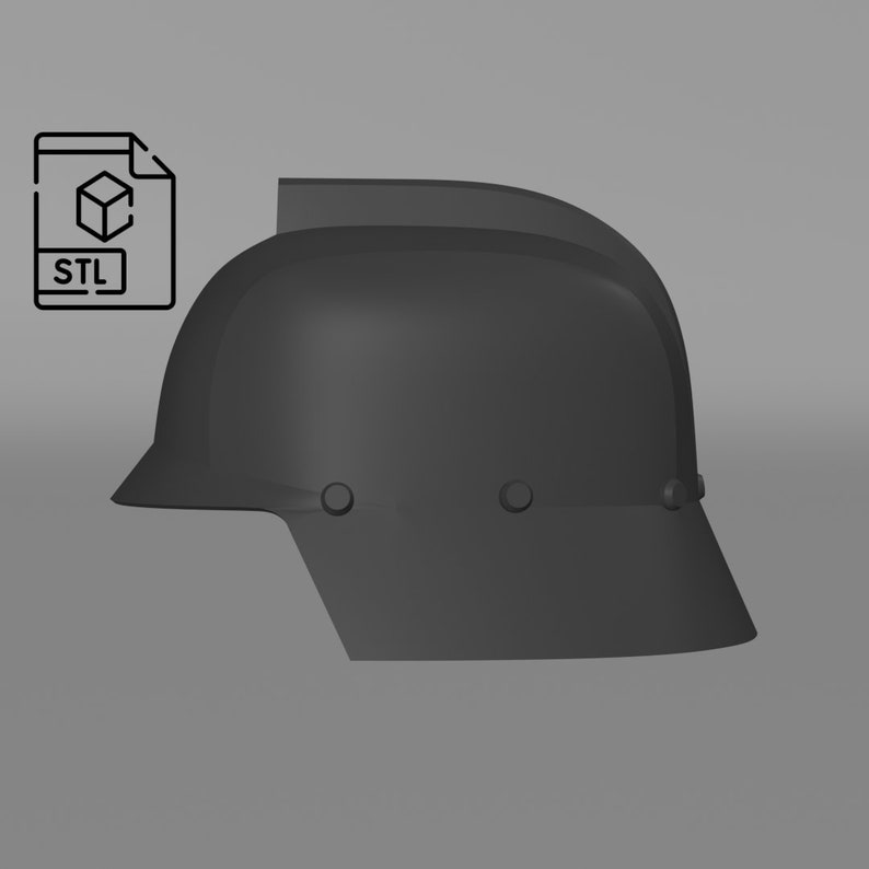 May include: A black helmet with a rounded top and a visor. The helmet has three metal rivets on the side.