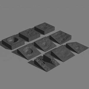 May include: A set of ten gray textured terrain tiles for model building or tabletop gaming. The tiles include a variety of shapes and textures, including craters, slopes, and a cracked surface.