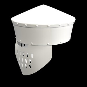 May include: A white medieval helmet with a pointed top and a visor featuring multiple ventilation holes. The helmet has a cylindrical base with rivets and a smooth, matte finish, set against a black background.