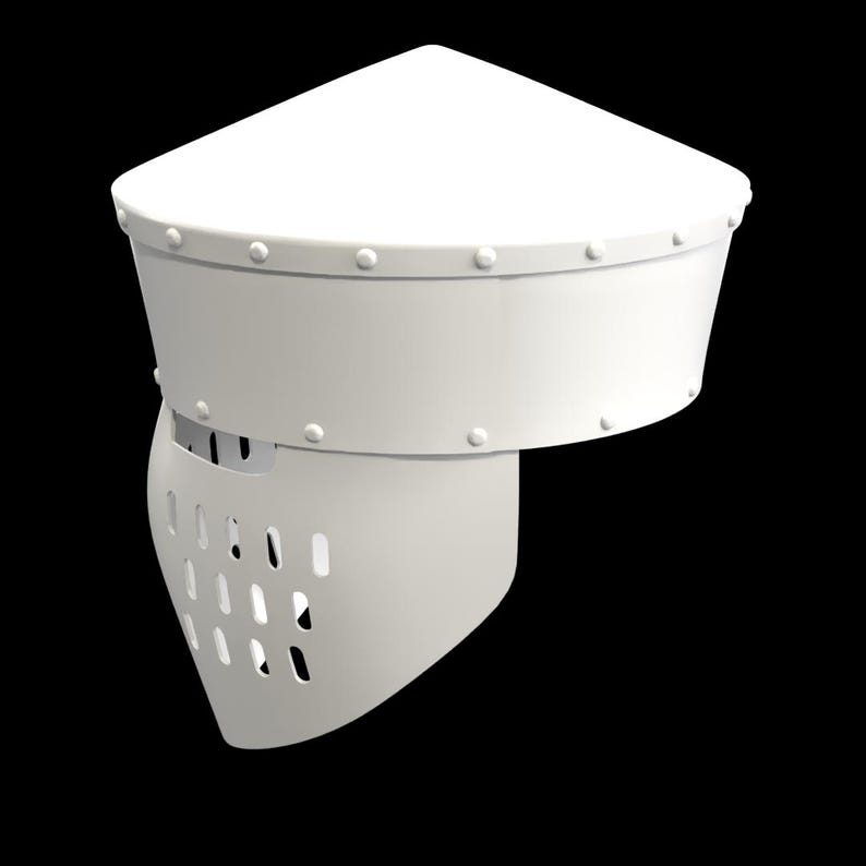 May include: A white medieval helmet with a pointed top and a visor featuring multiple ventilation holes. The helmet has a cylindrical base with rivets and a smooth, matte finish, set against a black background.