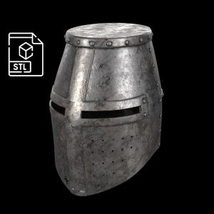May include: A weathered, metallic knight's helmet with a cylindrical top and riveted construction. The helmet features a horizontal eye slit and small ventilation holes. The image includes an STL file icon, suggesting a 3D model.