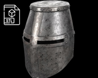 May include: A weathered, metallic knight's helmet with a cylindrical top and riveted construction. The helmet features a horizontal eye slit and small ventilation holes. The image includes an STL file icon, suggesting a 3D model.