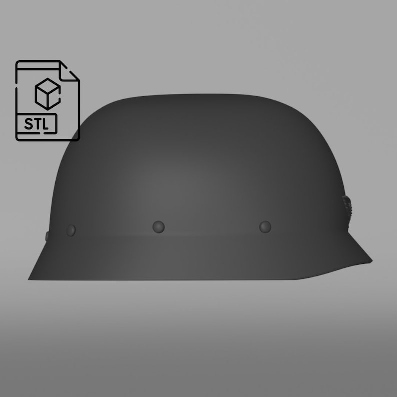 May include: A black military helmet with a rounded top and a brim. The helmet has three metal rivets on the front and a small detail on the right side.