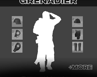 以下が含まれることがあります： GRIM SCI-FI GRENADIER STL BUNDLEと題されたデジタル製品バンドル。ロングコートを着た兵士の白いシルエットが特徴です。画像にはヘルメット、ガスマスク、胸部アーマー、レッグガードのアイコンが表示されており、+MOREというテキストが含まれています。