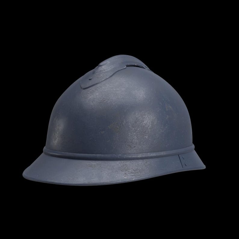 May include: A blue-grey helmet with a brim and a curved handle on top. The helmet has a textured surface and is set against a black background. The helmet appears to be made of metal.