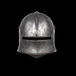 May include: A weathered, metallic helmet with a pointed top and a horizontal eye slit. The helmet's surface shows signs of wear and tear, suggesting age and use. The design is simple and functional, typical of historical armor.