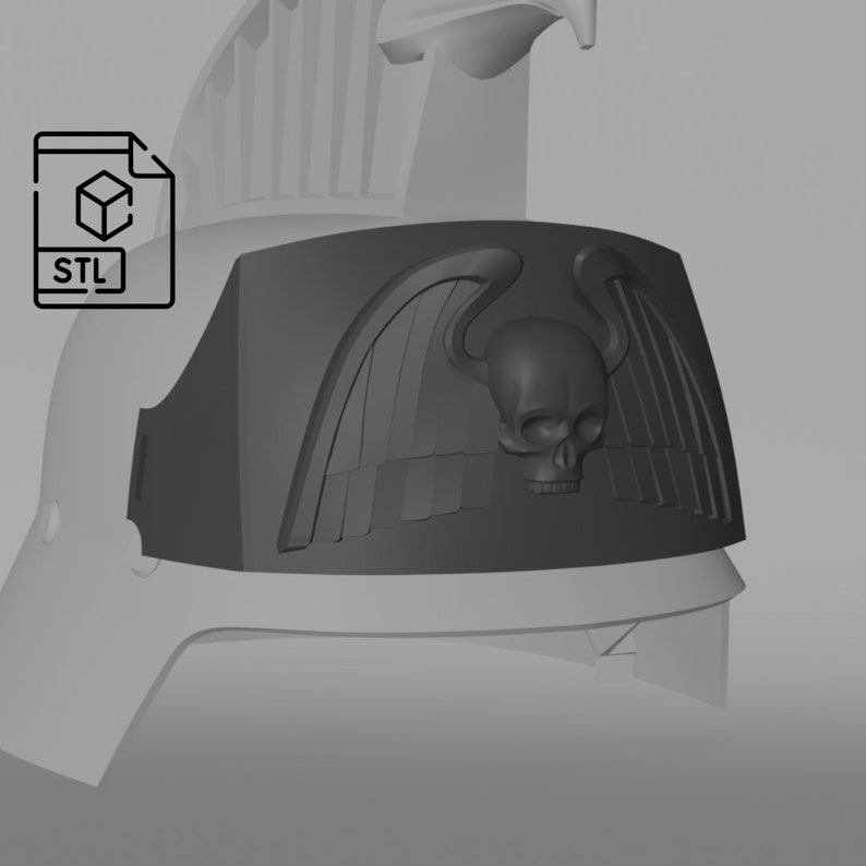 May include: A 3D printed helmet featuring a skull and wings design. The helmet is grey and has a textured surface.