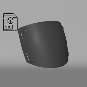 May include: A 3D printable STL file for a black plastic face shield. The shield has a curved shape and is designed to protect the wearer's face.