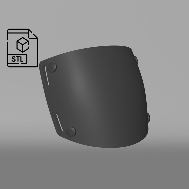 May include: A 3D printable STL file for a black plastic face shield. The shield has a curved shape and is designed to protect the wearer's face.