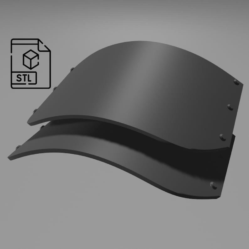 May include: Two black, curved, 3D printed panels with a slightly textured surface. The panels are stacked on top of each other and have a slight curve to them.