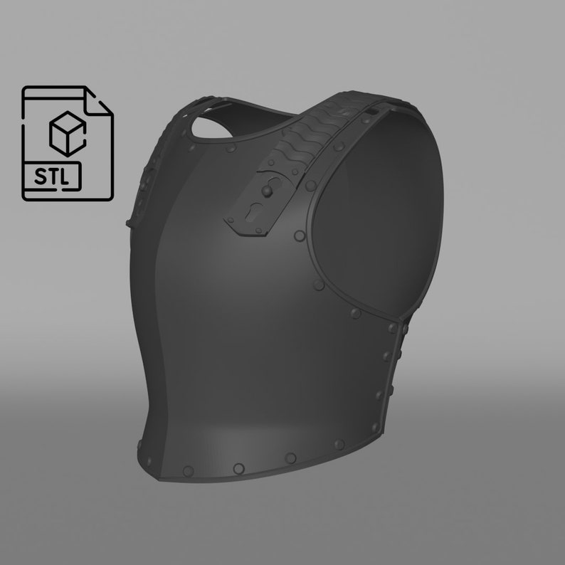 Op de afbeelding: Een 3D-model van een zwart metalen borstplaat, een type harnas dat over de borst wordt gedragen, met een getextureerd oppervlak en klinknagels. De borstplaat is ontworpen voor 3D-printen en is beschikbaar als STL-bestand.