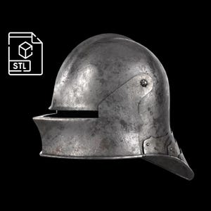 May include: A weathered, metallic helmet with a visor and a rounded top. The helmet has a dark, aged appearance, suggesting historical use. The image includes an STL file icon, indicating a 3D model.