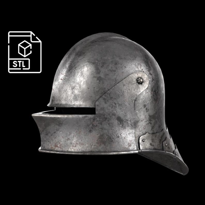 May include: A weathered, metallic helmet with a visor and a rounded top. The helmet has a dark, aged appearance, suggesting historical use. The image includes an STL file icon, indicating a 3D model.