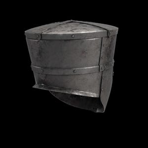 May include: A medieval steel helmet with a flat top and a curved lower edge. The helmet has riveted bands around the sides and a dark, aged appearance. The helmet is designed to protect the head and neck.