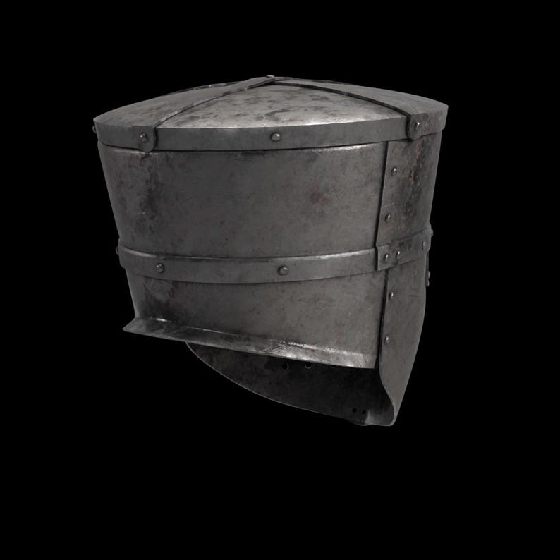 May include: A medieval steel helmet with a flat top and a curved lower edge. The helmet has riveted bands around the sides and a dark, aged appearance. The helmet is designed to protect the head and neck.