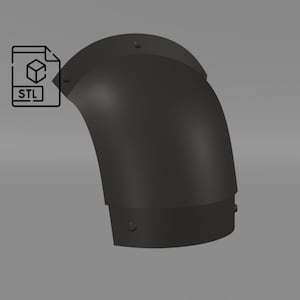 以下が含まれることがあります： 黒い肘当ての3Dプリントモデル。アーマーは複数のセクションで構成されており、エッジにリベットが打たれています。