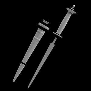 May include: A light gray dagger with a matching sheath, set against a black background. The dagger features a long, slender blade and a detailed handle. The sheath is in three parts, with a rounded tip.