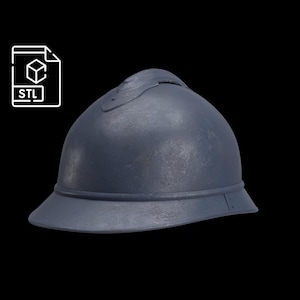 Puede incluir: Un casco azul oscuro con ala y una cresta elevada en la parte superior. El casco tiene una superficie texturizada y está sobre un fondo negro. Un icono de archivo STL está en la esquina superior izquierda.