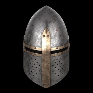 以下が含まれることがあります： 尖った上部と真鍮の十字デザインが特徴の、中世の鋼鉄製ヘルメット。 ヘルメットには換気用の小さな穴がいくつかあり、黒い背景に配置されています。 ヘルメットは歴史的なアイテムです。