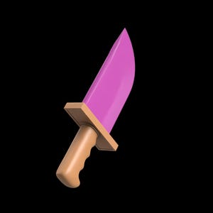 May include: A pink knife with a tan handle and a tan guard. The knife blade is a vibrant pink color. The handle is a light tan color with a curved grip. The guard is a tan rectangle. The background is black.