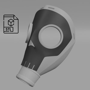 May include: A grey 3D printed model of a gas mask with a skull design. The mask has a large eye opening and a smaller opening for the mouth. The model is designed to be printed on a 3D printer and is available as an STL file.
