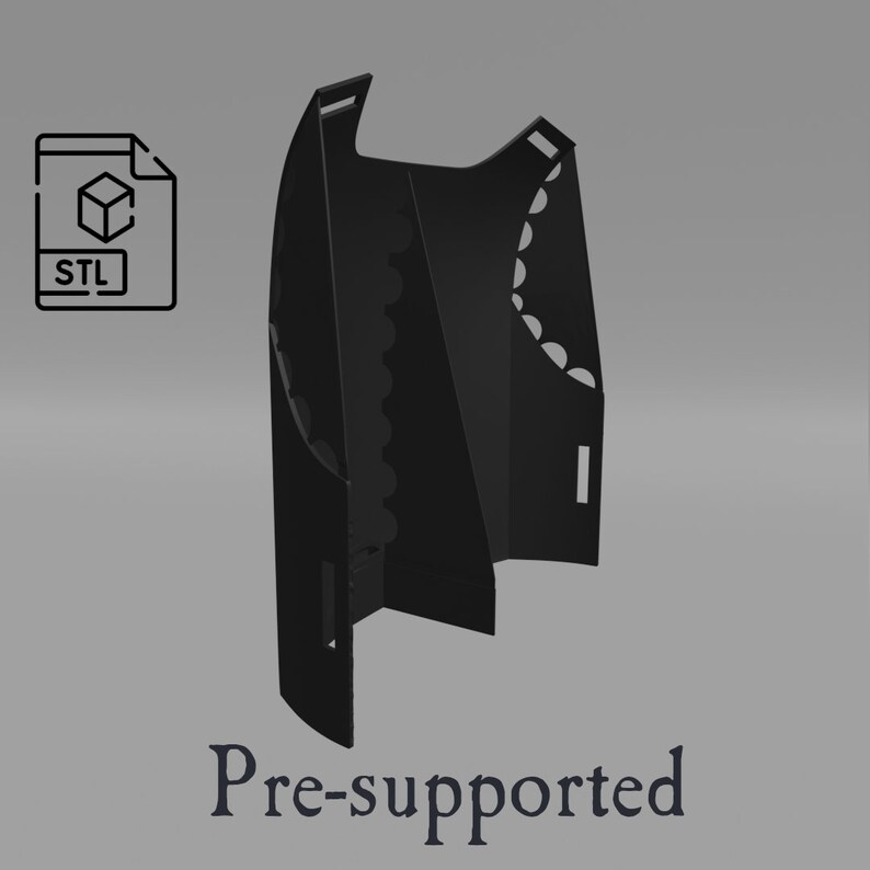K&ouml;nnte beinhalten: Ein schwarzes 3D-gedrucktes Modell einer Weste mit einem gewellten Rand und einem Ausschnittmuster. Das Modell ist vorab unterst&uuml;tzt und wird im STL-Dateiformat geliefert.