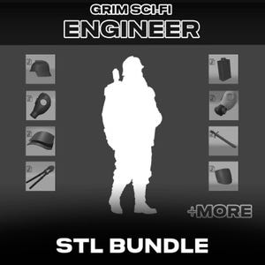 May include: A digital product bundle titled GRIM SCI-FI ENGINEER STL BUNDLE +MORE featuring a white silhouette of a character in the center. Surrounding the figure are eight small square icons displaying 3D models of a helmet, gas mask, shoulder armor, bolt cutters, a rectangular container, a second gas mask, a long tool, and a face shield.