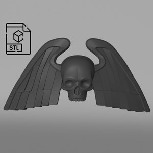 May include: A 3D printed model of a skull with wings. The skull is black and has a detailed design. The wings are also black and have a feathered texture.