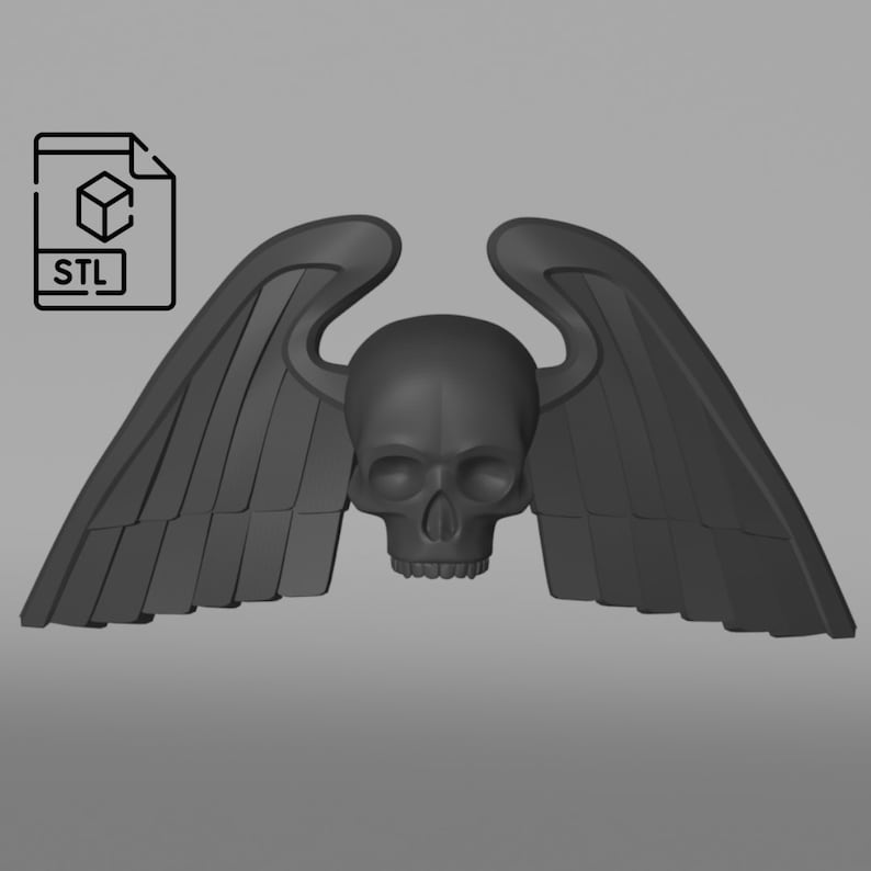 May include: A 3D printed model of a skull with wings. The skull is black and has a detailed design. The wings are also black and have a feathered texture.