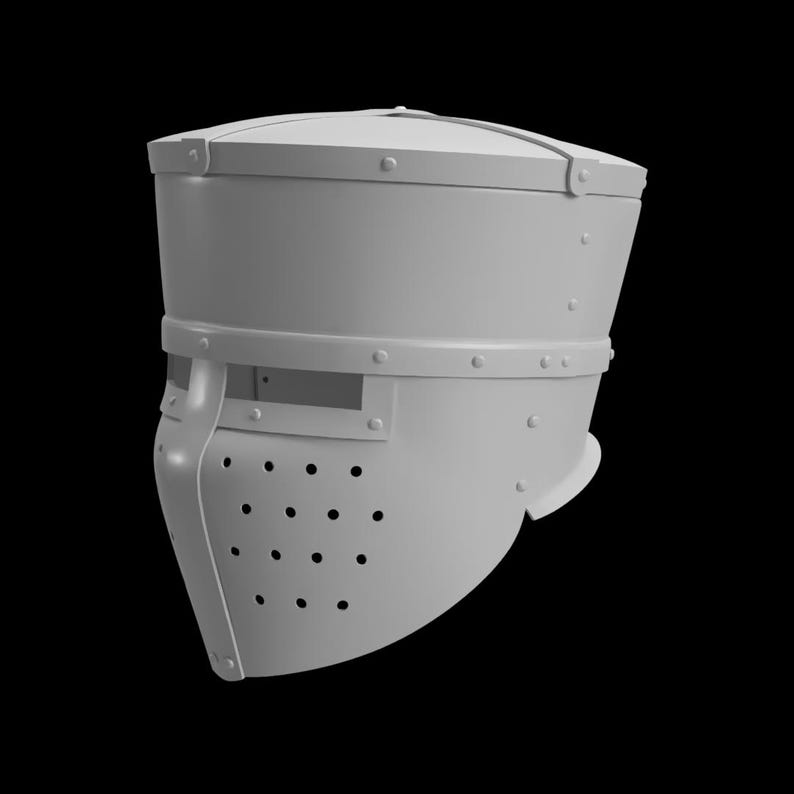 May include: A gray, medieval-style helmet with a rounded top and a face guard. The helmet has a series of small, evenly spaced holes on the face guard and is secured with rivets. The design is reminiscent of historical armor.