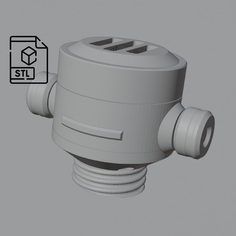 May include: A gray plastic valve with three slots on top and a threaded bottom. The valve has two side ports and a rectangular label on the front.