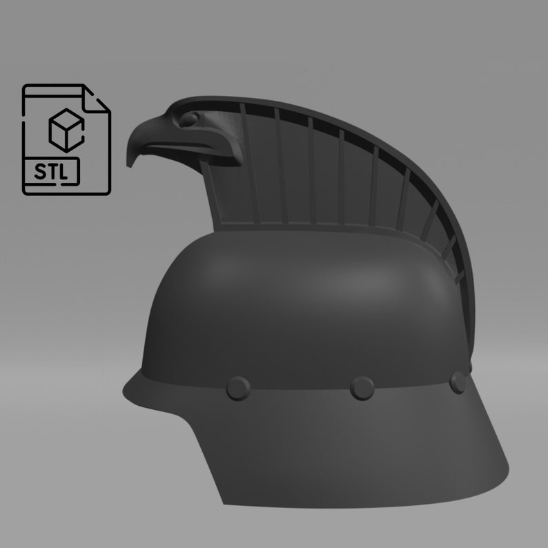 Puede incluir: Un modelo 3D imprimible de un casco con una cresta de &aacute;guila. El casco es gris y tiene una forma redondeada. La cresta del &aacute;guila es detallada y tiene un pico afilado. El modelo est&aacute; disponible para descargar en formato STL.