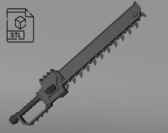 Może przedstawiać: Trójwymiarowy model do druku 3D futurystycznego miecza w stylu science fiction z ząbkowanym ostrzem i szczegółową rękojeścią. Plik STL jest gotowy do druku.