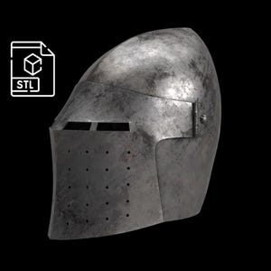 May include: A weathered, metallic knight's helmet with a visor and numerous small ventilation holes. The helmet has a hinged section on the side and is set against a black background. An STL file icon is in the upper left corner.