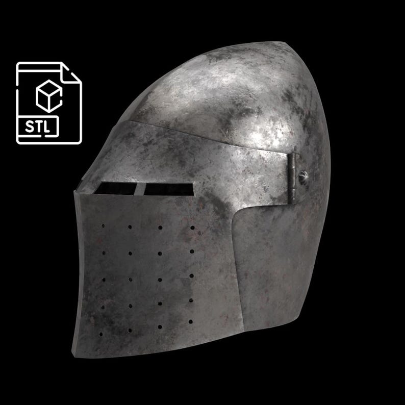 May include: A weathered, metallic knight's helmet with a visor and numerous small ventilation holes. The helmet has a hinged section on the side and is set against a black background. An STL file icon is in the upper left corner.