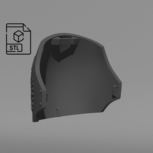 May include: A gray, 3D-printed object with a curved shape, featuring a textured side and a geometric top. The image includes an icon of a file with the letters "STL", suggesting a digital design file.