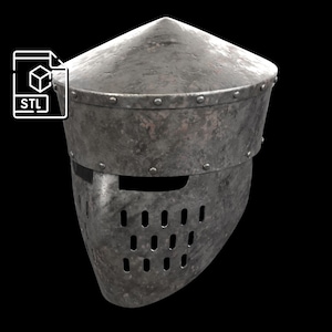 May include: A weathered, metallic knight's helmet with a conical top and riveted construction. The face guard features a series of rectangular ventilation holes. The image includes an STL file icon, suggesting a 3D model.