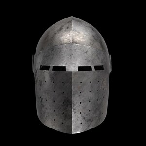 May include: A medieval steel helmet with a rounded top and a pointed front. The helmet has a series of small holes and rectangular eye slits. The metal has a weathered, aged appearance against a black background.