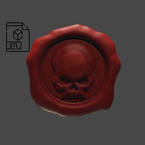 Puede incluir: Un sello de cera roja con un diseño de calavera detallado. El sello es redondo y tiene un borde elevado. La calavera está de frente y tiene una expresión amenazante.