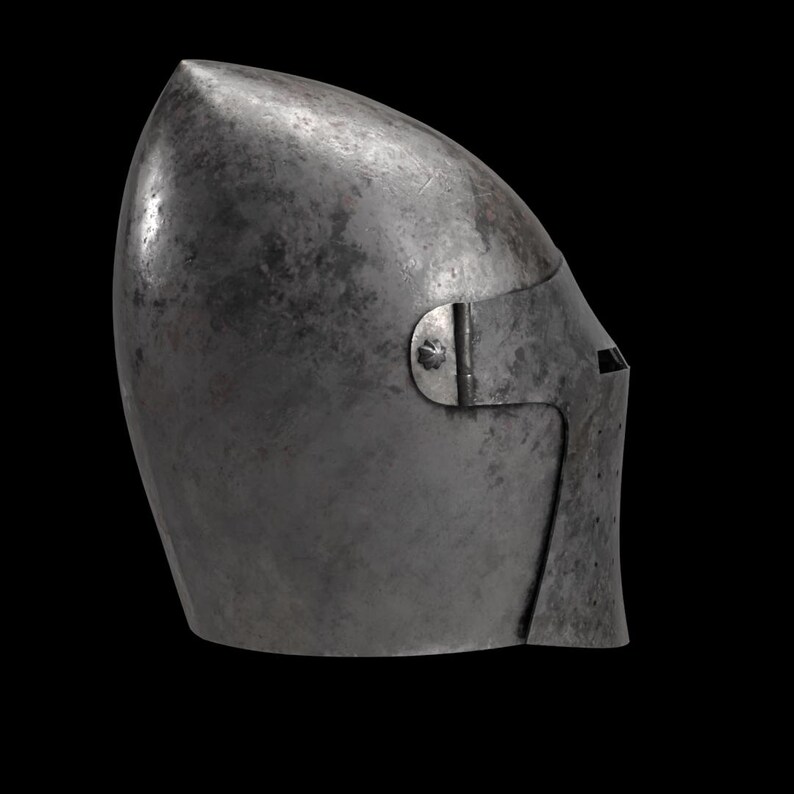 May include: A medieval steel helmet with a pointed top and a visor. The helmet is a dark, metallic gray color and has a riveted visor. The design suggests it was used for protection in combat.