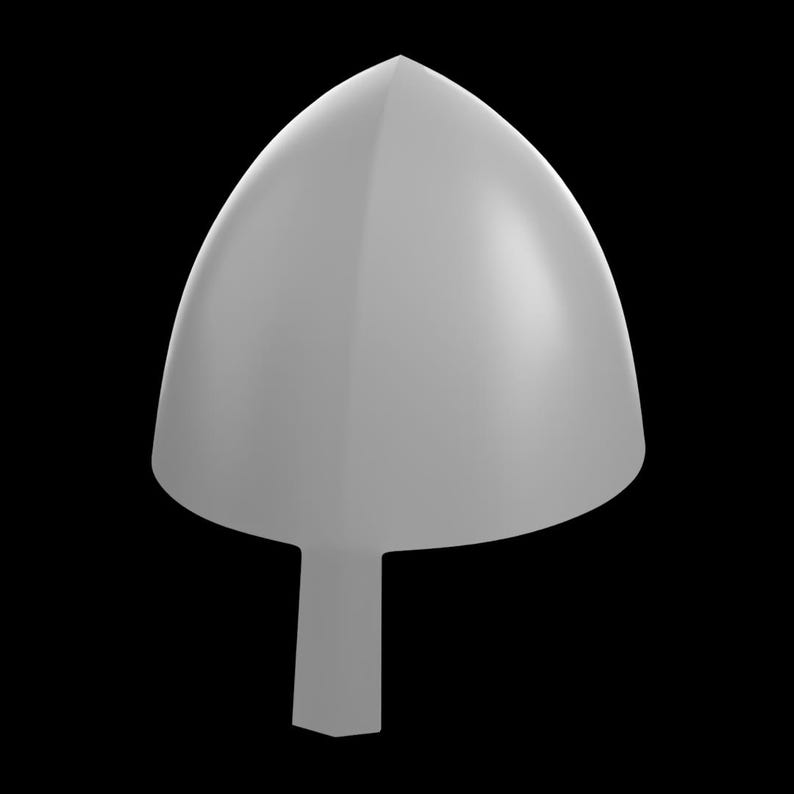 May include: A light gray, stylized object with a rounded, conical top and a rectangular base. The object is set against a black background, highlighting its smooth, reflective surface and simple design.