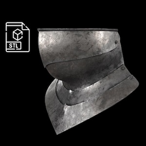 Puede incluir: Una pieza de armadura de tipo gola met&aacute;lica con un acabado gris oscuro desgastado. El protector de cuello presenta placas de acero superpuestas aseguradas con remaches visibles, dise&ntilde;ado para proteger la garganta y el pecho, archivo STL 3D.