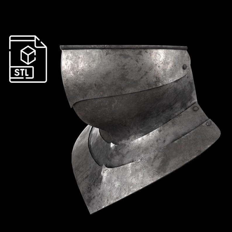 Puede incluir: Una pieza de armadura de tipo gola met&aacute;lica con un acabado gris oscuro desgastado. El protector de cuello presenta placas de acero superpuestas aseguradas con remaches visibles, dise&ntilde;ado para proteger la garganta y el pecho, archivo STL 3D.