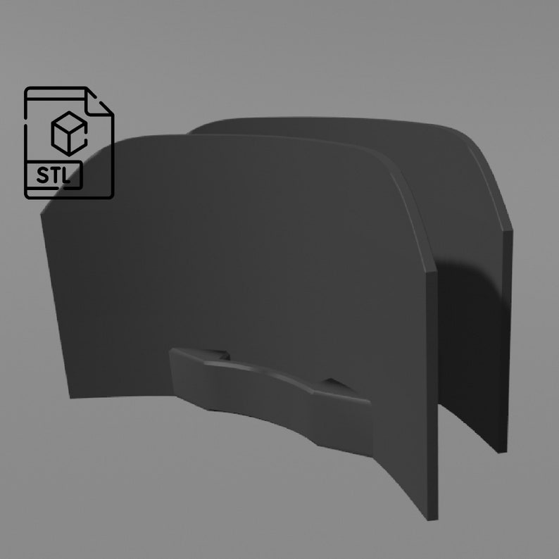 May include: A 3D printable model of a curved, black, two-sided divider. The model is designed to be printed in two pieces and assembled. The STL file is included.